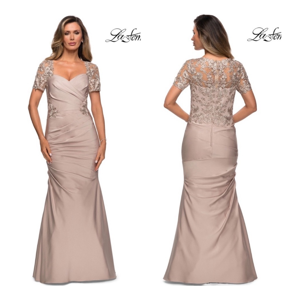 New La Femme Lace Back Satin Trumpet Gown In Champagne